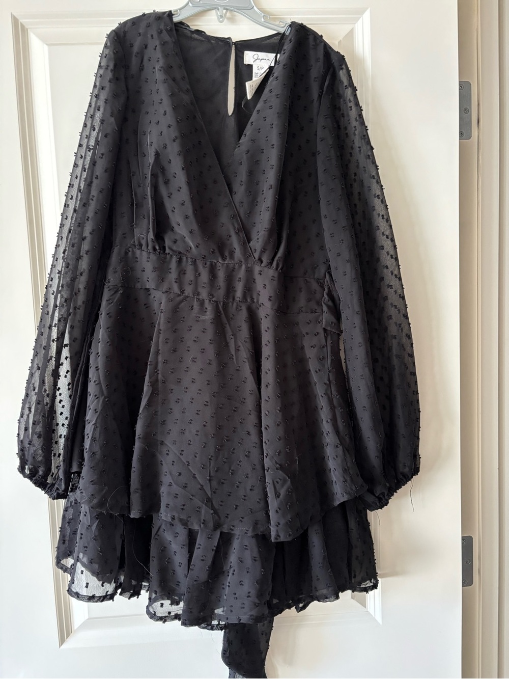 Black Textured Long-Sleeve V-Neck Mini Dress
